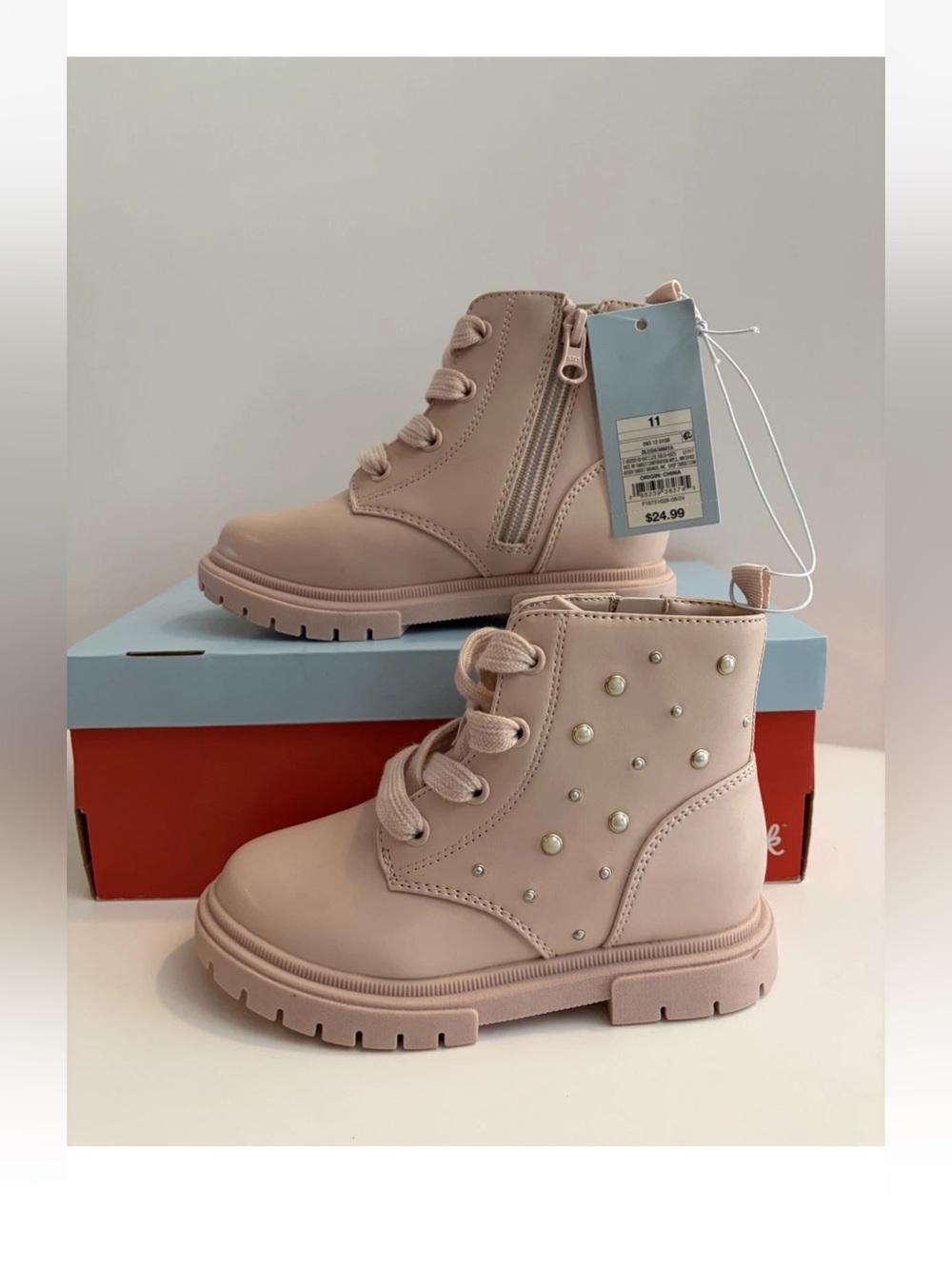 Cat & Jack Blush Pink Pearl-Stud Lace-Up Girls' Boots